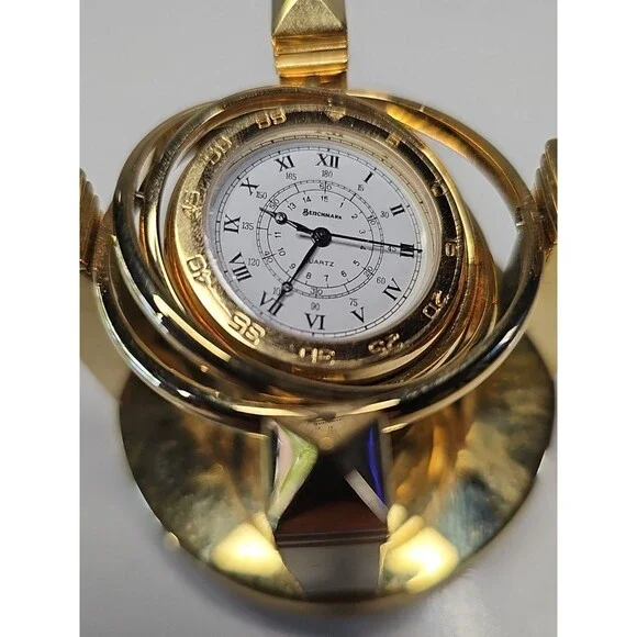 Vintage Benchmark Galileo Gimbal Gyroscope Desk Clock Brass Needs Battery 2.5" - Picture 4 of 6